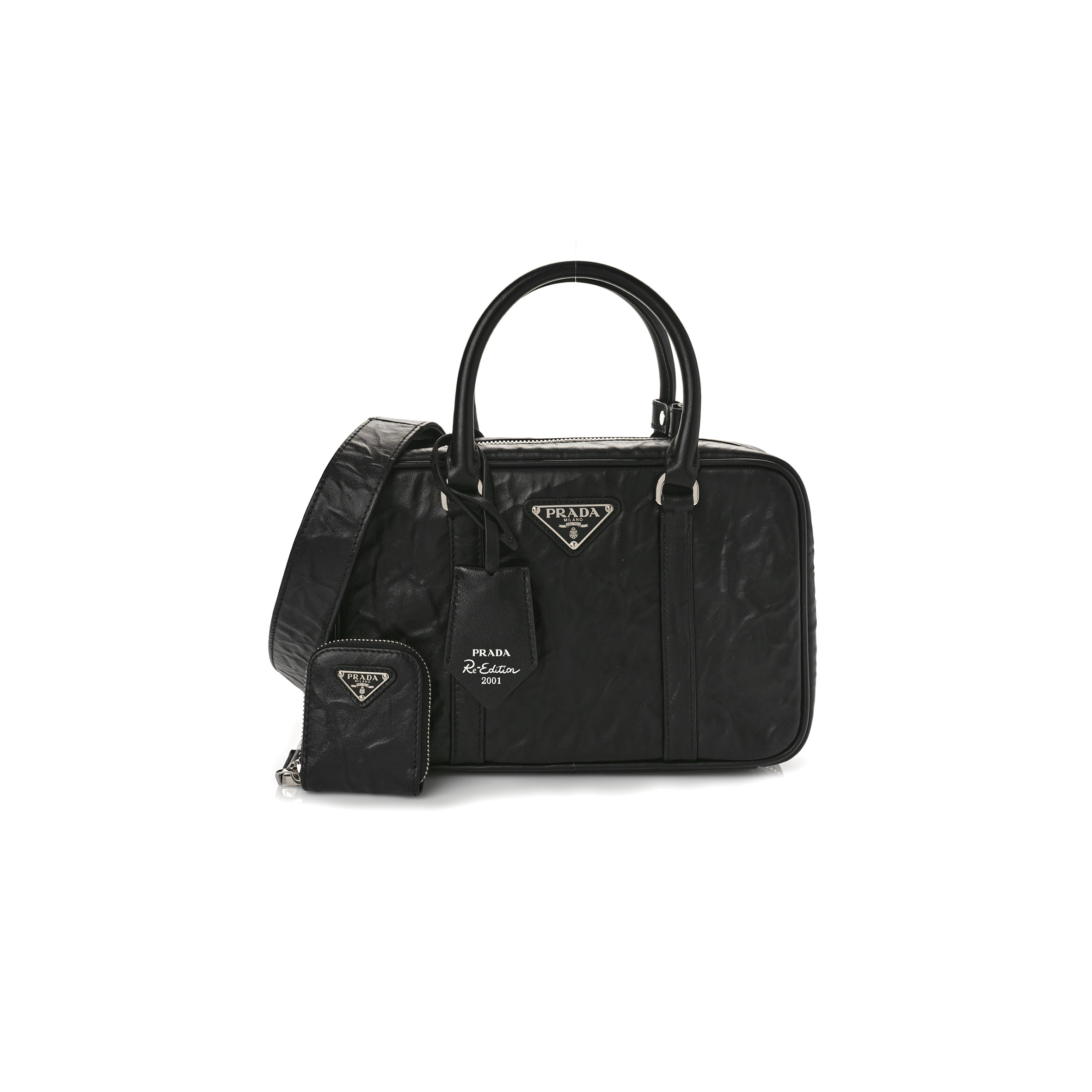 Pra*a nappa antique medium re-edition 2001 two handle bag black 1bb092 (24*15.5*7cm)